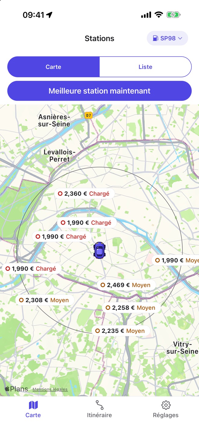 La carte de PumpPump à Paris : chaque station affiche le prix du SP98 et son affluence.