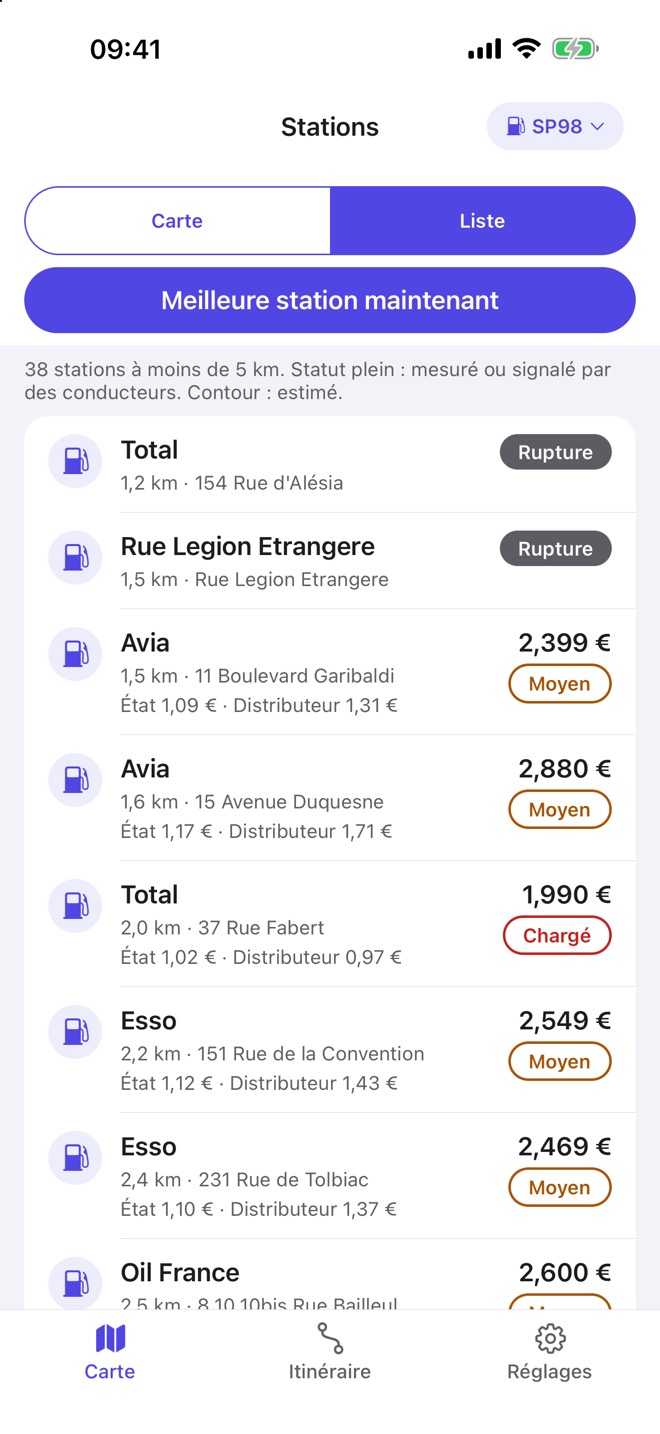 La liste des stations proches.