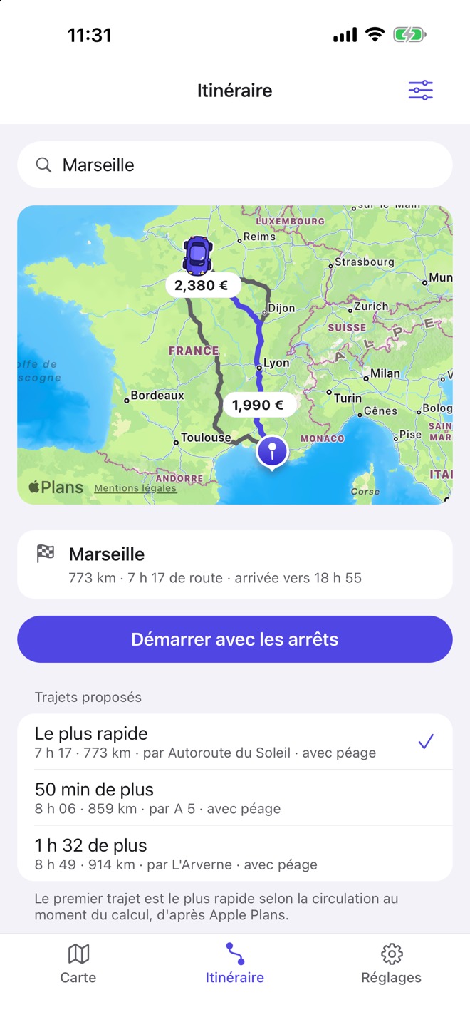 Un itinéraire de Paris à Marseille et ses alternatives.