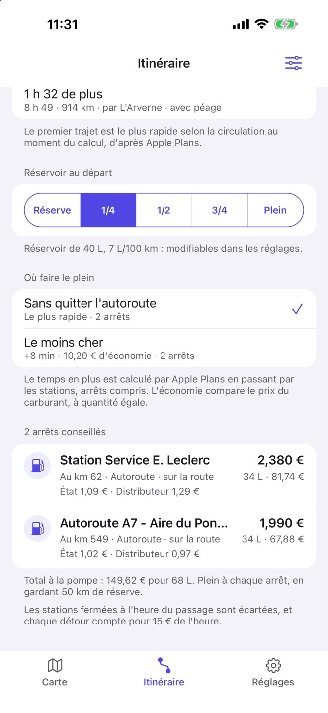 Les arrêts conseillés sur le trajet.