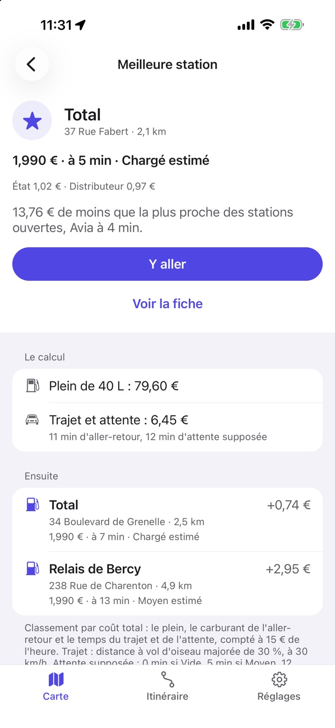 La meilleure station maintenant, avec le détail du calcul.